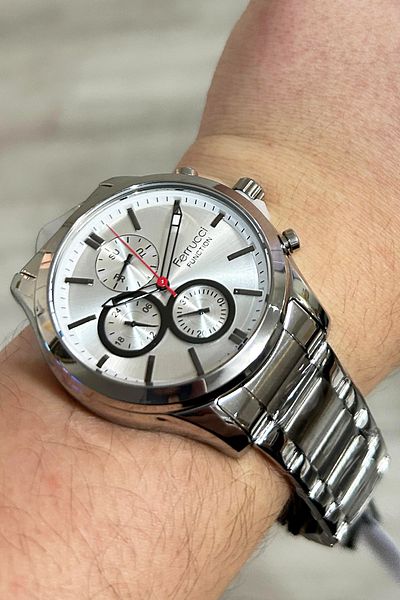 Ferrucci Function All Functions Active Calendar Men's Wrist Watch 3 Atm Waterproof Silver Color Steel Band