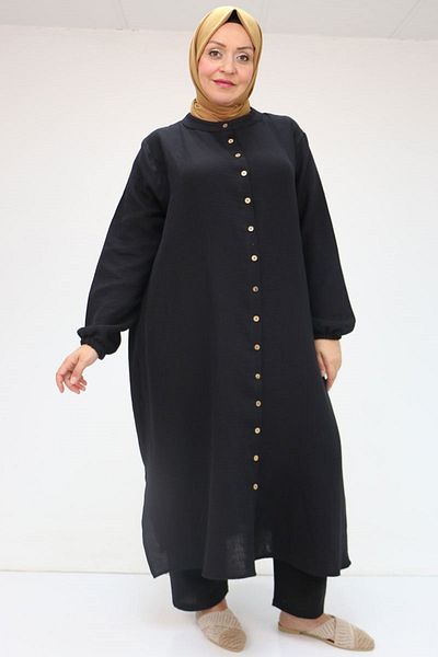 Eslina 57044 Plus Size Button-Down Muslin Pants Suit with Elastic Sleeves - Black