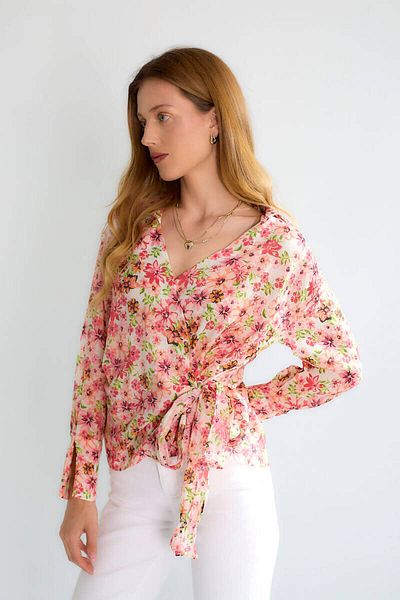 Robin Floral Patterned Tie-Up Woven Shirt - Coral