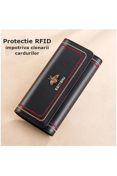 Clavi Genuine Leather Women's Wallet, with RFID Protection, Dimensions 19.5x9.5x3 cm, Black