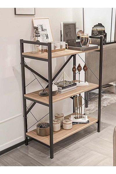 AGD Modern Entrance Table, Coffee Corner, Side Table, Bookshelf with 3 Wooden Shelves - Brown/Black