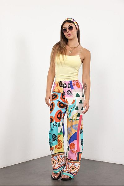 5in1Canpolat Blue Elastic Waist Patterned Satin Trousers 29725
