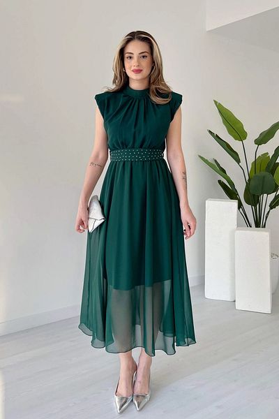Aventien Emerald Green Chiffon Dress with Stone Belt Detail