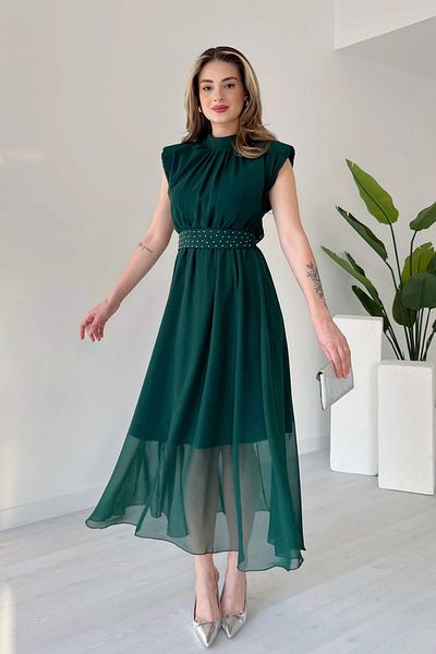 Aventien Emerald Green Chiffon Dress with Stone Belt Detail