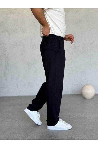 MODA Black Cotton Linen Zippered Belt Detail Pants