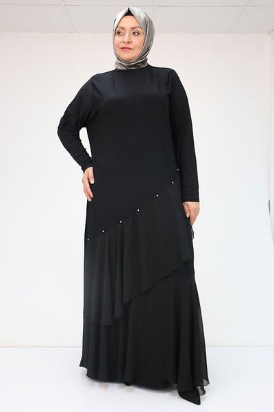 Eslina 52017 Plus Size Chiffon -Sandy Stone Detailed Dress - Black