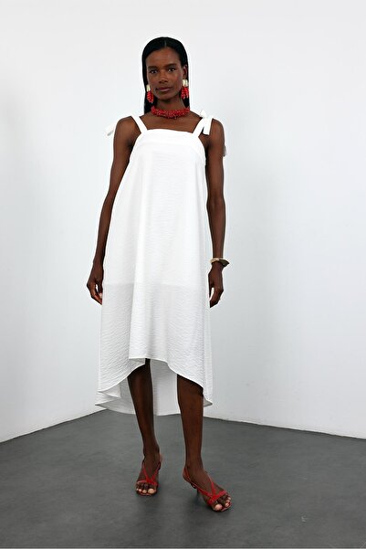 5in1Canpolat White Tie Strap Midi Dress 26553