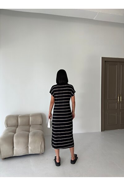 BEJNA Rochie de damă din bumbac negru cu guler polo în dungi