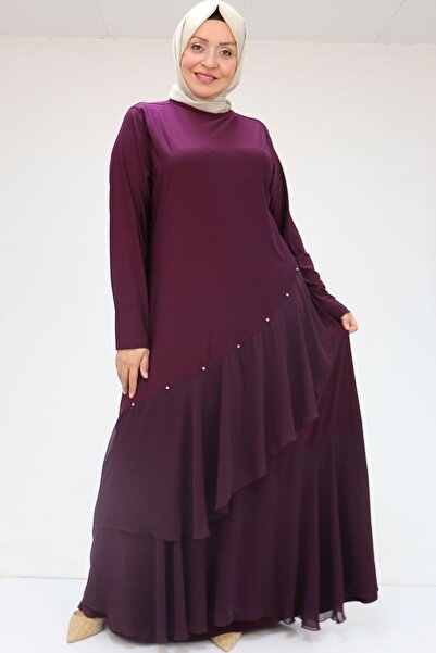 Eslina 52017 Plus Size Chiffon -Sandy Stone Detailed Dress - Plum
