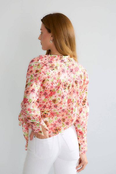 Robin Floral Patterned Tie-Up Woven Shirt - Coral