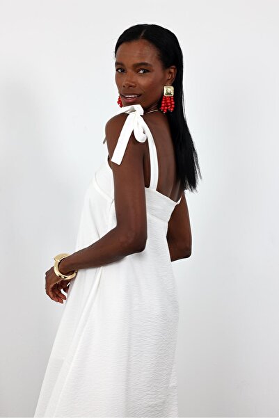 5in1Canpolat White Tie Strap Midi Dress 26553