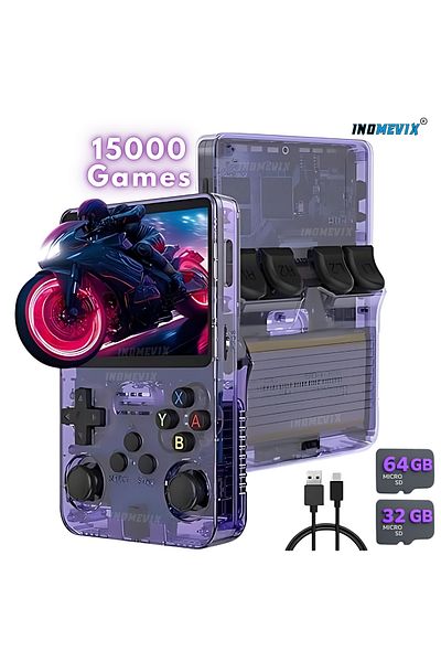 INOMEVIX Consola Jocuri Retro Portabila INOMEVIX®, 15000+ Jocuri, Ecran 3.5", 2 Carduri, 8h Autonomie