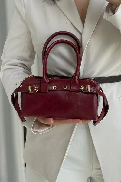 LEONAS Mini Size Belt Detailed Women's Hand and Shoulder Bag Norris Claret Red