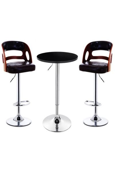 AWF AL WADI FURNITURE Leisure PU Leather Bar chairs Bar stools set with MDF Top Round Rotating Bar Table, Black Brown