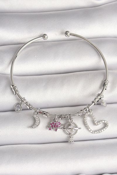 Clariss Brass Silver Color Dangle Zircon Stone Planet Figure Heart Detail Charm Women's Bracelet