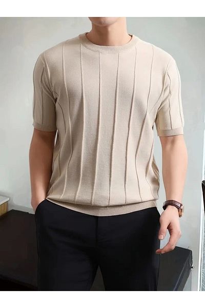 goopall Men's Short Sleeve Crew Neck Striped Knitwear Blouse