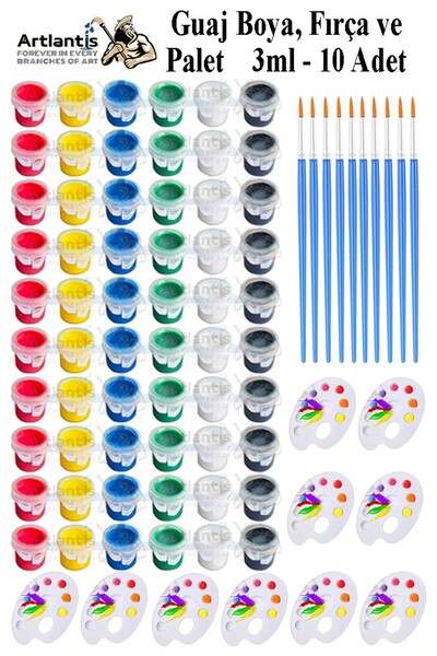 Artlantis Guaj Boya 3 ml 6 Renk Resim Fırçası ve Paleti 10 Paket Mini Küçük G...