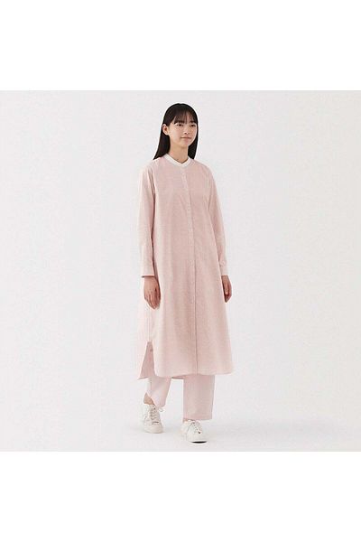 Muji فستان من القماش العريض المغسول بأكمام طويلة وياقة واقفة