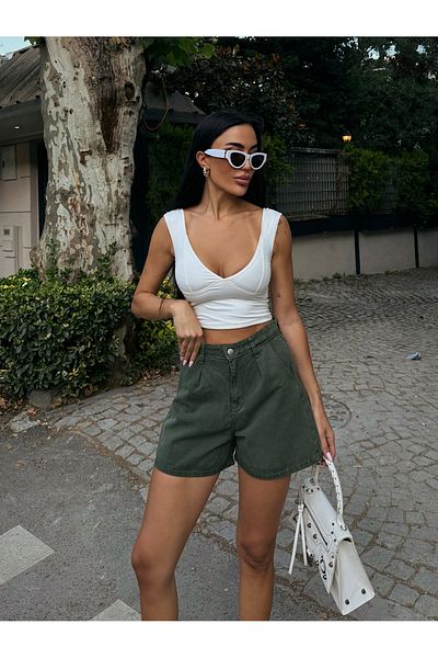 LB Laluna Butik Pantaloni scurți pentru femei kaki cu talie înaltă, țesătură denim