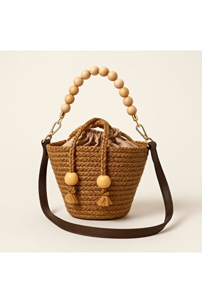 Timeless El Yapımı Boncuk Saplı Mini Hasır Çanta