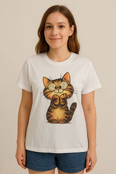 Nüans Beyaz Kedi Figürlü Taşlı Oversize Bisiklet Yaka Kadın Tshirt