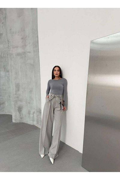 modamtn Ceyda Silver Sante Striped Waist Belted Palazzo Trousers