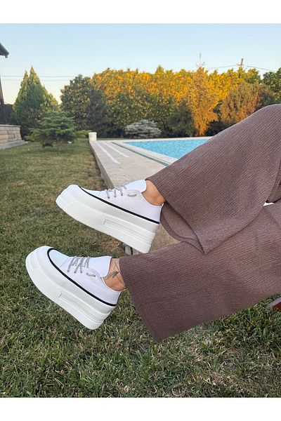 BURCU COLLECTİON Belinda High Sole Stone Lacing Detailed White Linen Sports Shoes