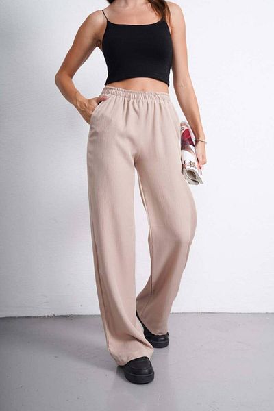 Gülmude High Waist Wide Leg Daily Fabric Pants with Elastic Waist