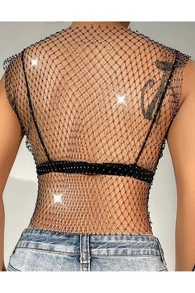 Peille Women's Mesh Crop Crystal Stone Mesh Shiny Blouse Crop