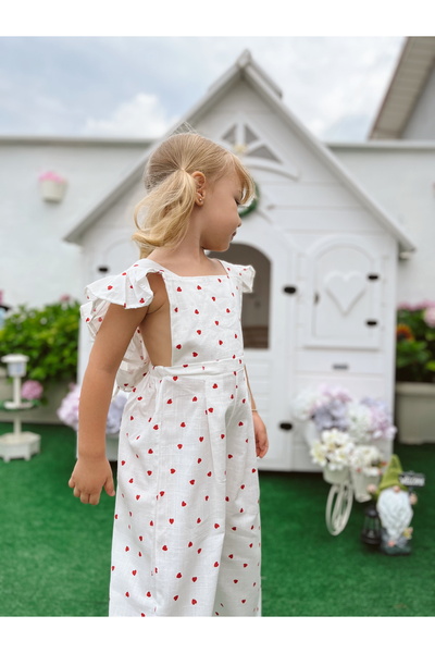 Little Ya Ya Love Girl's Heart Pattern Ruffle Back Detail Jumpsuit