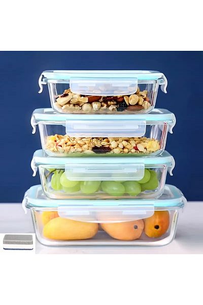 CİHO 4Pcs 1520Ml-1040Ml-700Ml-410Ml Glass Ziplock Vacuum Rectangular Airtight Lid Storage Container