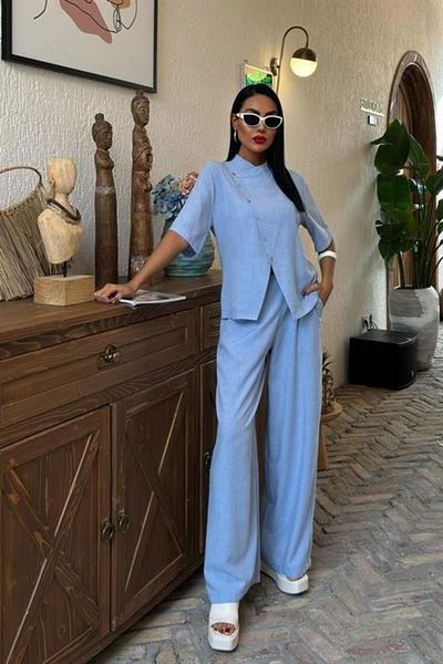 Butik Judge Collar Cross Buttoned Plazzo Trousers Viscon Linen Suit 10091