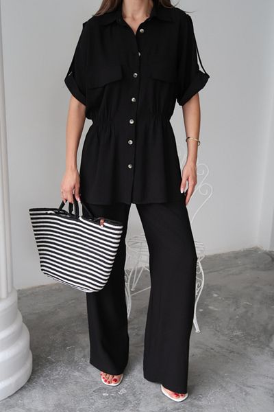 Kaplan Linen Waist Tie Detail Shirt - Pants Set - Black