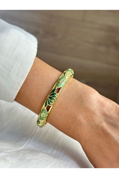 YOUES JEWELRY Steel Enamel Handcuff Bracelet Pearlescent Lotus Flower Vintage Stone Handcuff Bracelet