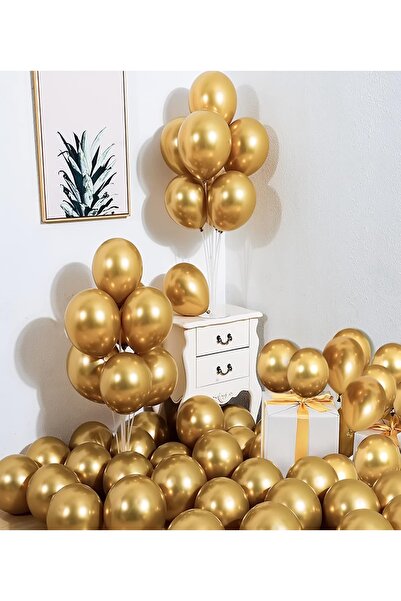 MACK PLUS 10’lu Gold Krom Balon Seti – 12 inç | Işıltılı Altın Renk Parti Bal...