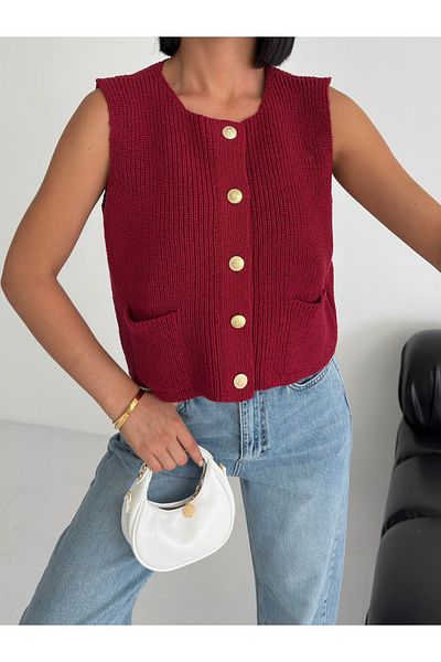 Zenea Burgundy Women's Knitwear Vest with Gold Buttons - 100% Cotton