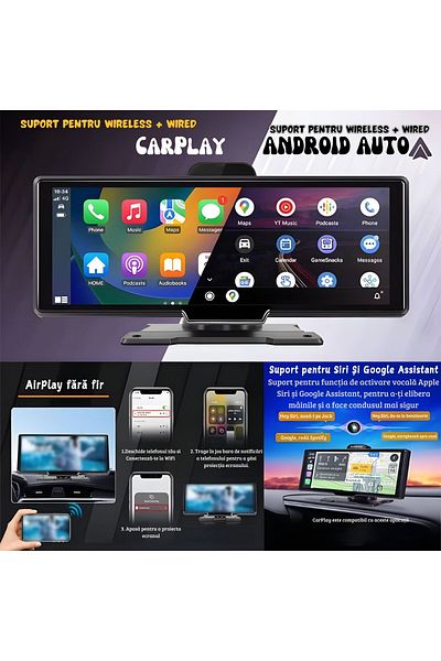 goBERA Universal car navigation 10.26", Portable, Carplay and Android Auto wireless, Dual camera, 4K/1080
