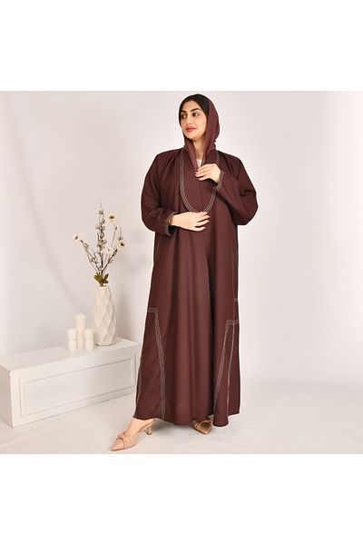 Beyond Brown wrap blazer abaya with white geometric embroidery