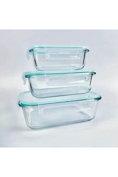 CİHO Set of 3 (1040Ml-700Ml-410Ml) Glass Sealed Vacuum Rectangular Storage Container with Airtight Lid