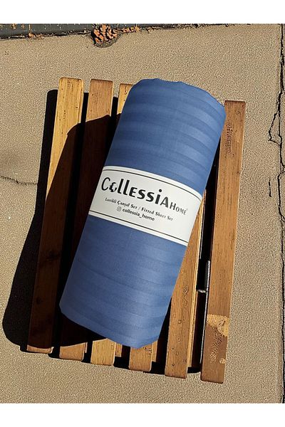 CollessiaHome 100% Cotton Satin Fitted Double Hotel Series Elastic Sheet Set Bed Sheet Set - Navy Blue