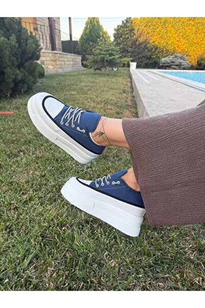 BURCU COLLECTİON Belinda High Sole Stone Lacing Detailed Blue Linen Sports Shoes