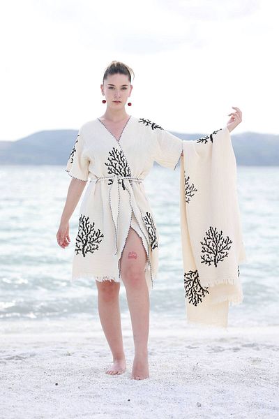 Dokubba Σετ 2 στρώσεων Muslin Beach Kimono και Peshtemal, Peshtemal Beach Kimono και Peshtemal