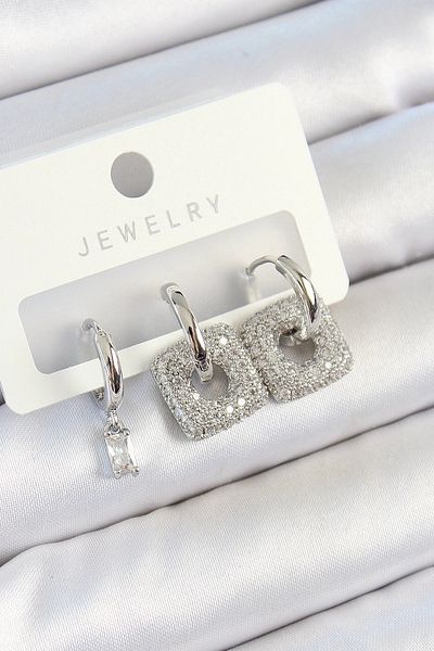 Store Brass Zircon Stone Square Model Silver Color 3-Piece Double Women's Earring Set