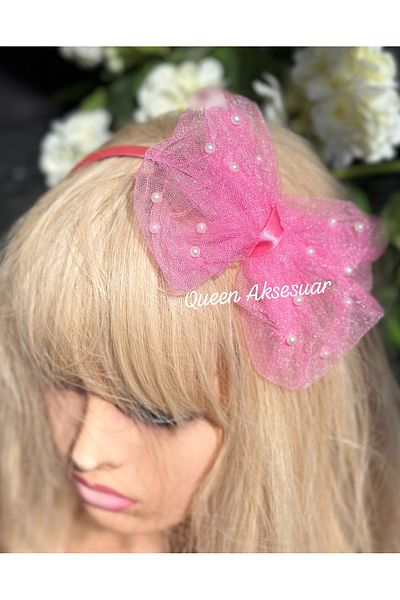 QUEEN AKSESUAR Luxury Design Model Pearl Fancy Fuchsia Pink Satin Princess Crown Tiara with Tulle Butterfly Bow