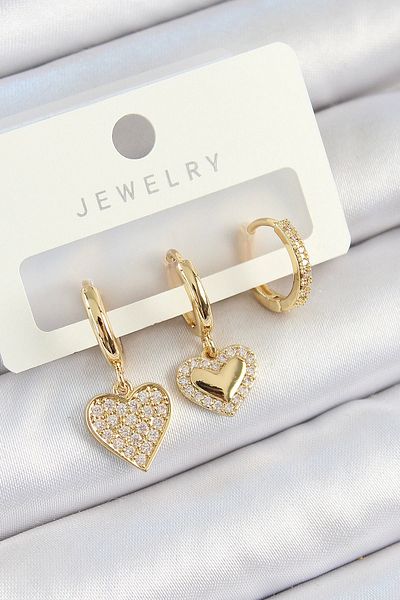 Clariss Brass Zircon Stone Dangle Heart Model Gold Color 3-Piece Double Women's Earring Set
