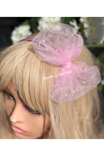 QUEEN AKSESUAR Luxury Design Model Pearl Fancy Candy Pink Satin Princess Crown with Tulle Butterfly Bow Tiara