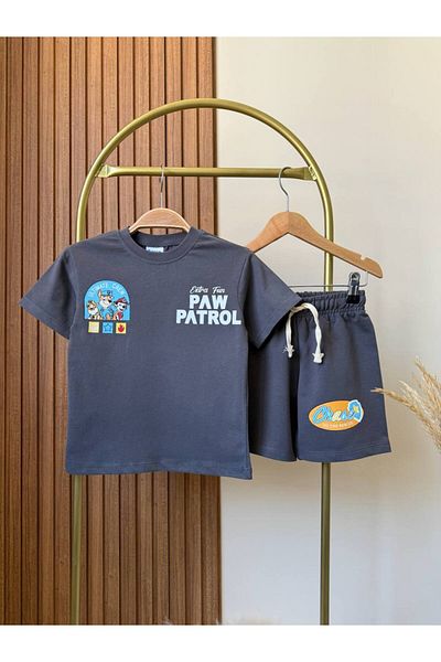 MİO Boys' Cotton Paw Oil Printed T-Shirt Shorts Set - 2-Piece Casual Set