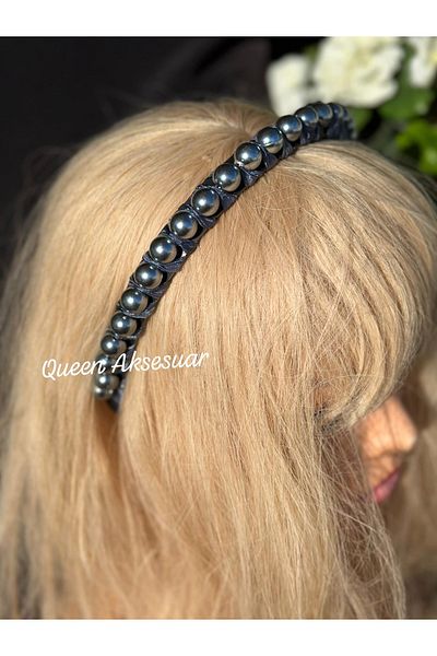 QUEEN AKSESUAR Luxury Satin Knitted Ribbon Fabric Large Pearl Bead Row Crown Bright Silver Gray Color Princess Tiara