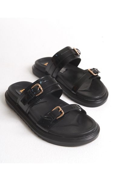 Everest Women's Black Patent Leather Double Strap Buckle Comfortable Orthopedic Sole Slippers