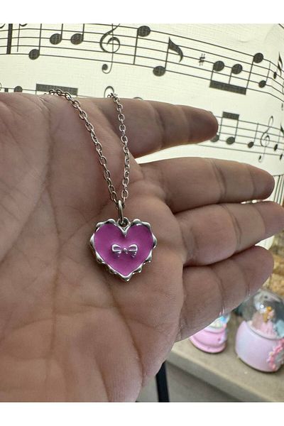 Herşey Nota Pink Stone Bow Detailed Heart Unisex Necklace – the Shining Icon of Elegant Romance
